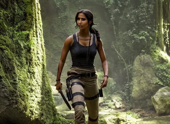 Image similar to film still of!!!! naomi scott!!! as lara croft in new tomb raider movie, 8 k