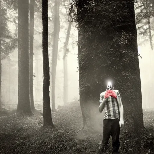 Prompt: teenage boy with skull mask, smoke around him, forest, by sally mann