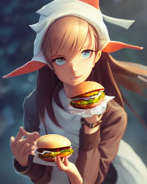 Image similar to adorable elf girl holding a burger, single subject, close shot, ambient lighting, white hair, detailed face, by makoto shinkai, stanley artgerm lau, wlop, rossdraws