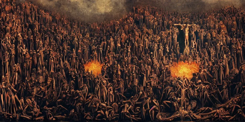 Image similar to dante's inferno painting, with people in black hooded tunic like in the film eyes wide shut of stanley kubrick, illuminati symbol, crows, skeletons, crosses, dark beauty, rotten gold, perfect faces, extremely detailed, cinema 4 d, unreal engine.