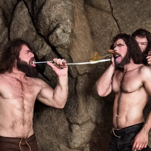 Prompt: cavemen in suites chugging alcohol in real life, intricate, highly detailed, detailed, hyper realistic, 4 k, 8 k uhd, realistic, great detail