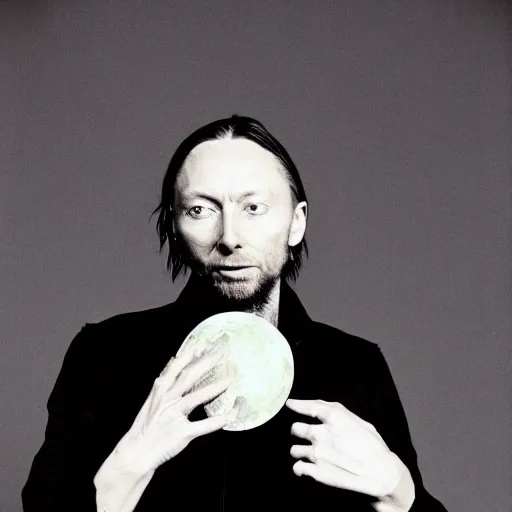 Prompt: Thom Yorke, Radiohead singer Thom Yorke, holding the moon upon a stick, with a beard and a black jacket, a portrait by John E. Berninger, dribble, neo-expressionism, uhd image, studio portrait, 1990s