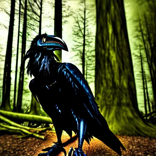 Image similar to werecreature consisting of a human and crow, photograph captured in a forest