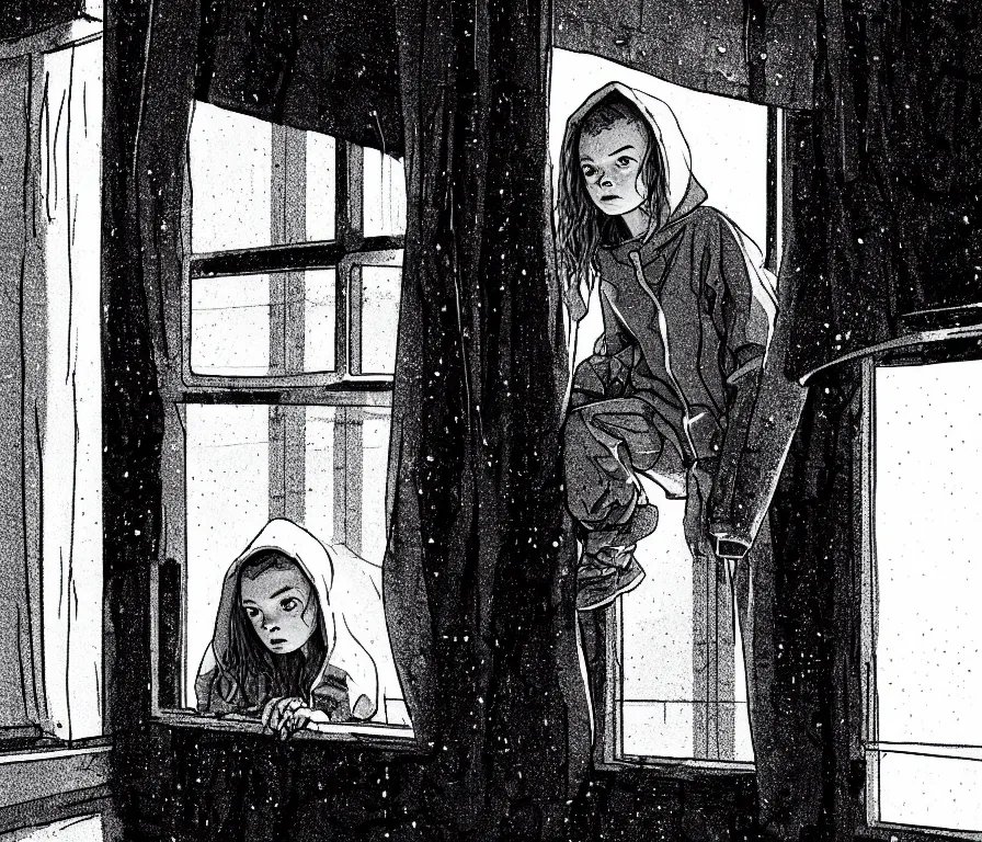 Image similar to sadie sink in hoodie sits on windowsill, knees tucked in | rain falls at night : b & w storyboard, scifi cyberpunk. by gabriel hardman, joe alves, chris bonura. cinematic atmosphere, detailed and intricate, perfect anatomy