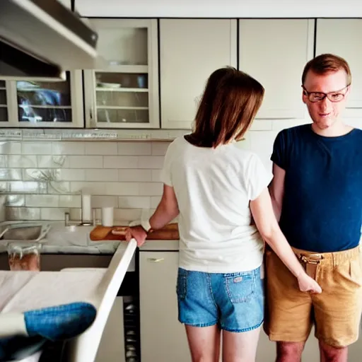 Image similar to portrait of a white male and his white female brown hair wife. male is is half bald, wearing a flannel shirt, tan shorts, white long socks and is holding a cane. female has long brown hair, standing next to him holding his hand. photo taken from behind them looking at a blue colored kitchen under remodel, trending on artstation.