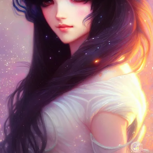 Prompt: a beautiful girl with long dark hair and bangs, sailor moon aesthetic, fantasy, intricate, elegant, highly detailed, digital painting, artstation, concept art, matte, sharp focus, illustration, art by Artgerm and Greg Rutkowski and Alphonse Mucha