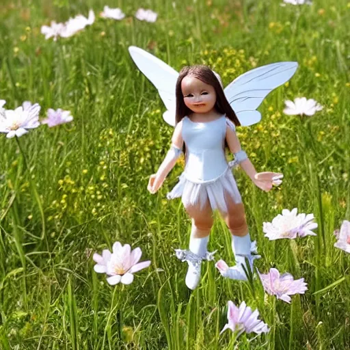 Image similar to little stormtrooper winged fairies, flying around the flowers in a sunny meadow