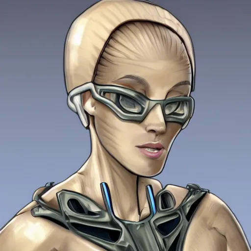 Prompt: Tall sweet woman with an athletic build. She is a bio-machine. There is a crystal in her chest that can be removed. She lost her arms in a fight and now has to use cybernetic ones that attach at the shoulder. Her face and eyes are sharp but kind. Facial features fit her face. Small ears. She has a tail that she wraps around her waist at times. Her hair is in a slightly messy bob and colored light blue. Digital character design art trending on artstation.