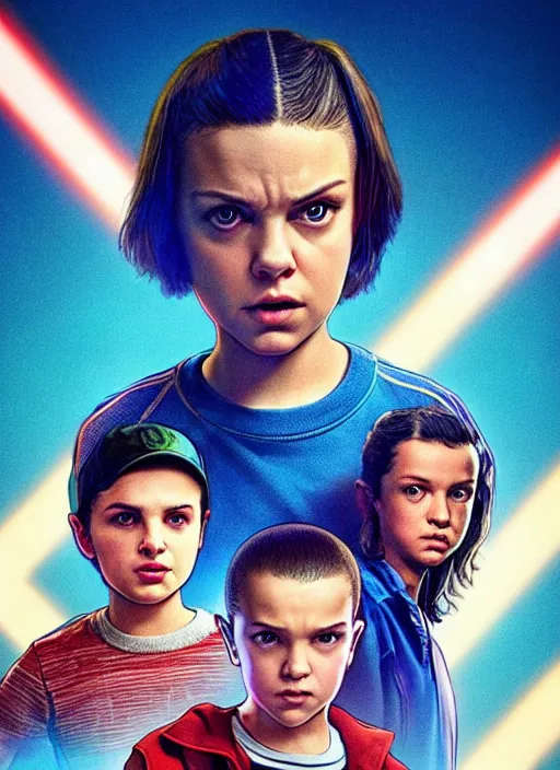 Image similar to Mila Kunis with a buzzcut cast as Eleven, still from Stranger Things, She uses the force with her palm extended outwards, hyperrealistic, 8k, Octane Render,