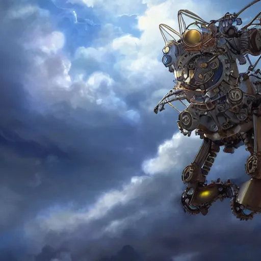 Image similar to a steampunk robotic angel, studio ghibli, extremely detailed, clouds, epic, sky, cinematic lighting,