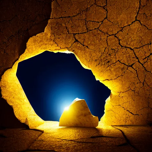 Prompt: photograph of a cracked stone with warm yellow light streaming out of the crack, fantasy, magical, mysterious, cinematic lighting, enhanced, rim lighting, studio photo, hd, 8k