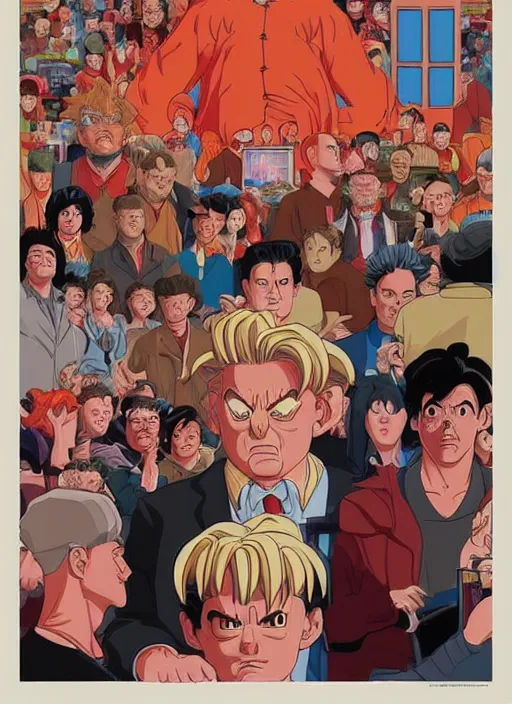 Prompt: Twin Peaks art, of Goku standing in line at McDonalds wanting to order a Big Mac, poster artwork by Tomer Hanuka, Sam Weber, Laurent Durieux, Katherine Lam from scene from Twin Peaks, from scene from Twin Peaks, clean, New Yorker magazine cover