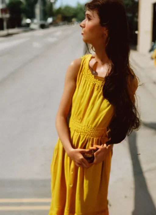 Image similar to portrait of a beautiful brown hair woman in a yellow sun dress in downtown Los Angelas, 50mm lens, Kodak Portra 400 film