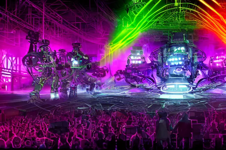 Image similar to a concert stage, big glowing letters over the stage tripmachine, center of the stage is a big futuristic steampunk generator surrounded by huge steampunk robots, rock musicians on the stage, laser show, 8 k, fluorescent colors, halluzinogenic, multicolored, exaggerated detailed, unreal engine