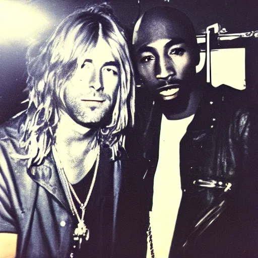 Image similar to Polaroid photograph of Kurt Cobain and Tupac Shakur in a club, blurry, XF IQ4, 150MP, 50mm, F1.4, ISO 200, 1/160s, natural light, Adobe Lightroom, photolab, Affinity Photo, PhotoDirector 365,