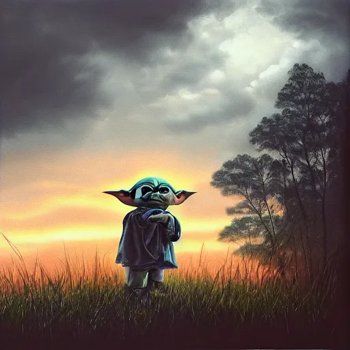 Image similar to high - angle view, shot from 5 0 feet distance, baby yoda on a well lit path in a dimly lit forest. dramatic clouds, setting sun. oil on canvas, digital art, light, shadow, contrast, detailed, depth, volume, chiaroscuro, drama, quiet intensity, realism