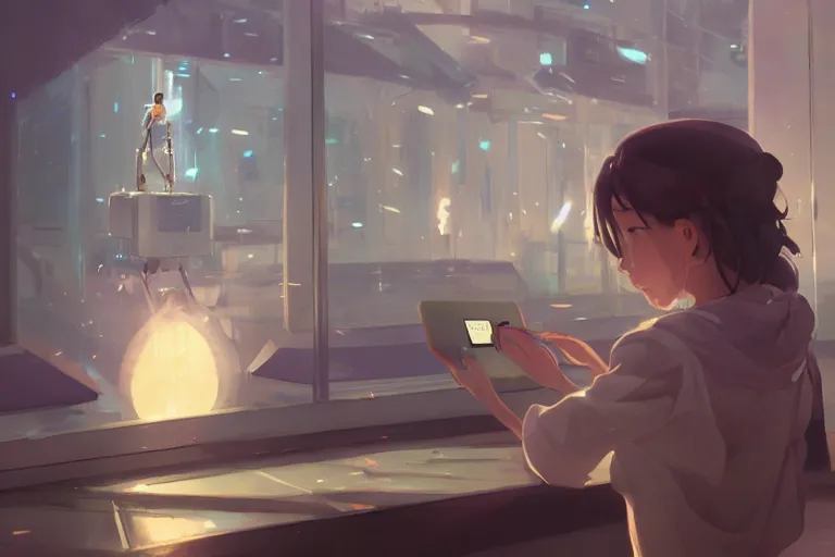 Prompt: girl helping a robot learn to read, scenic full shot, ambient lighting, detailed face, by makoto shinkai, stanley artgerm lau, wlop, rossdraws