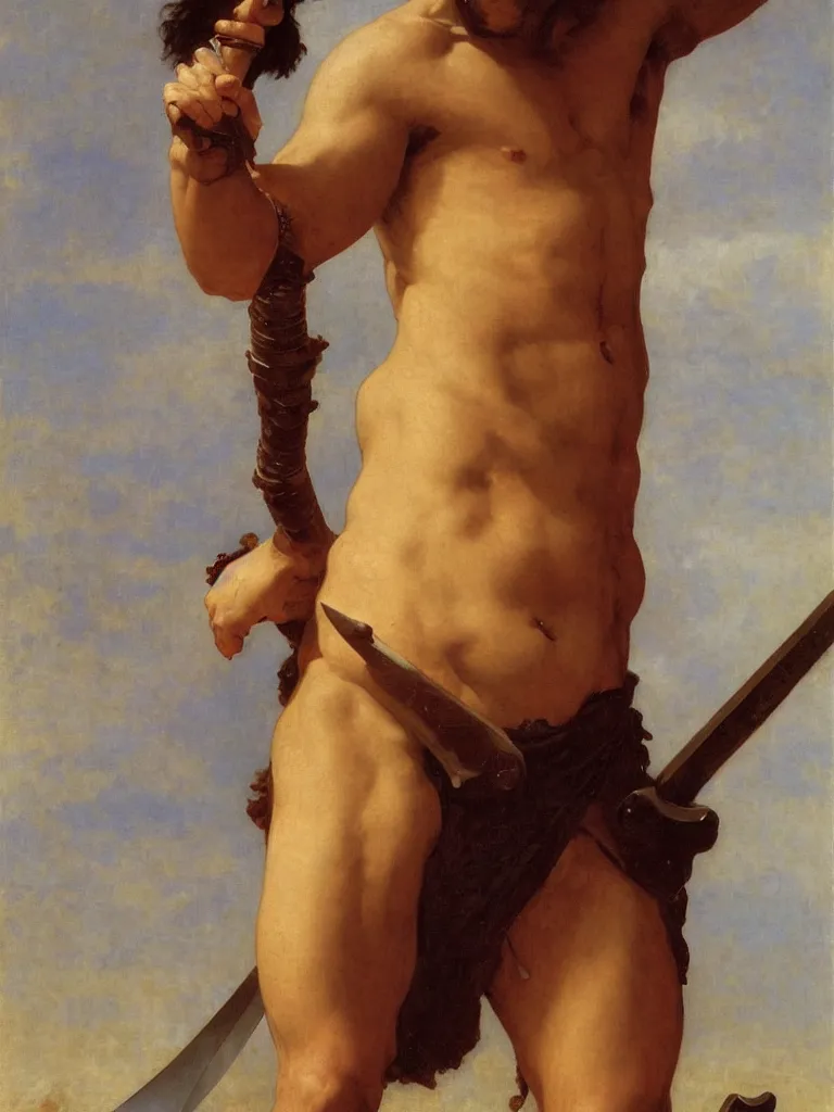Prompt: a full body portrait of Conan the barbarian holding a sword, oil painting by william bouguereau, hd, sharp focus,