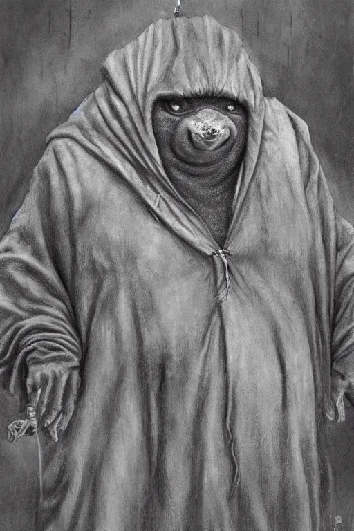 Image similar to a obese gray sniveling rat person wearing a decaying brown cloak, painting by ed binkley