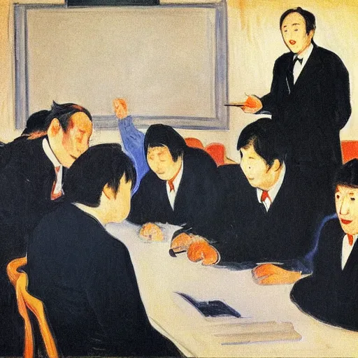 Prompt: An unhappy old businessman showing a powerpoint presentation to enthusiastic Japanese tennis players, in a large meeting room, Edvard Munch