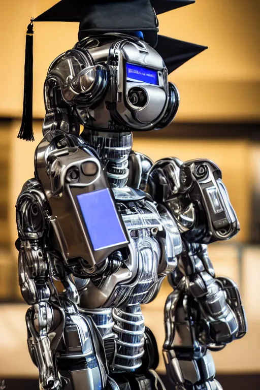 Image similar to a portrait photo of a extremely detailed robot graduating. nikon z 9. 5 0 mm, f / 1. 8 photography. portrait photography. ultra hd, 8 k, graduation photo