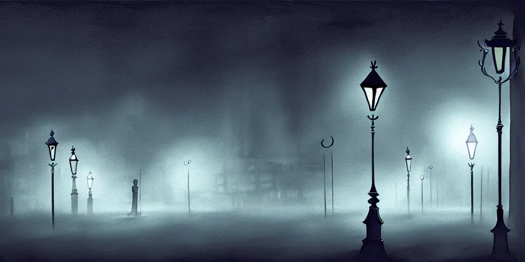 Prompt: epic illustration of night city with victorian street lamp in a foggy field by tim burton