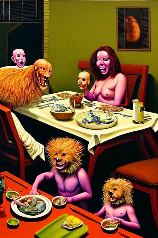 Image similar to a hyperrealistic painting of a chimeric creature sitting down at dinner table with happy suburban family on a sunday night while dad reads a newspaper, by chris cunningham and richard corben, highly detailed, vivid color,