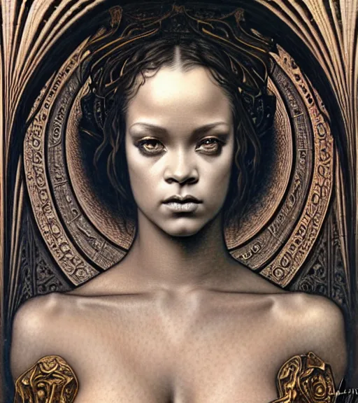 Prompt: detailed realistic beautiful young medieval alien robot rihanna face portrait by jean delville, gustave dore and marco mazzoni, art nouveau, symbolist, visionary, gothic, pre - raphaelite. horizontal symmetry by zdzisław beksinski, iris van herpen, raymond swanland and alphonse mucha. highly detailed, hyper - real, beautiful