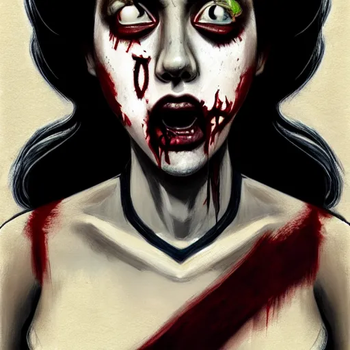 Prompt: color head portrait of aubrey plaza as a really cute zombie, 7 days to die zombie, gritty background, fine art, award winning, intricate, elegant, sharp focus, cinematic lighting, digital painting, 8 k concept art, art by michael hussar, art by brom, art by guweiz and z. w. gu, 8 k