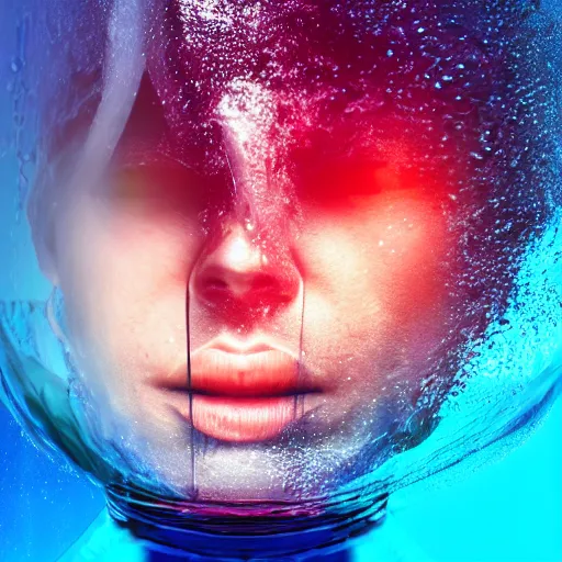 Image similar to a human head in a bottle shape water art manipulation, on the ocean water, futuristic, glowing, hyper realistic, ray tracing, realistic water splashes, sharp focus, long shot, 8 k resolution, cinematic, photoshop art