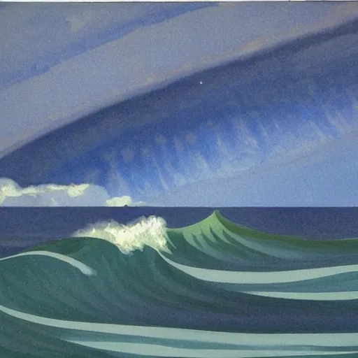 Prompt: painting wave tsunami small boat background cosmic night sky in the style of Winslow Homer