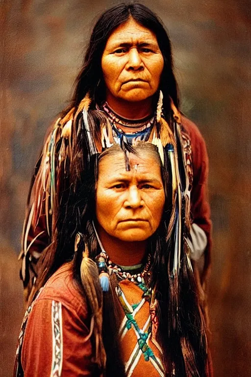 Image similar to “Color Photo of Native American indian woman, portrait, skilled warrior of the Chiricahua Apache, Lozen was the sister of Victorio a prominent Chief, wearing traditional clothing, showing pain and sadness on her face, realistic, detailed, shot like National Geographic”