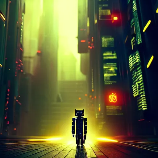 Image similar to professional photo of robot cat, cyberpunk background, blade runner, hyperrealistic masterpiece, trending on artstation, cgsociety, kodakchrome, golden ratio, cinematic, composition, beautiful lighting, hyper detailed, sharp focus, octane render, 4 k, unreal engine