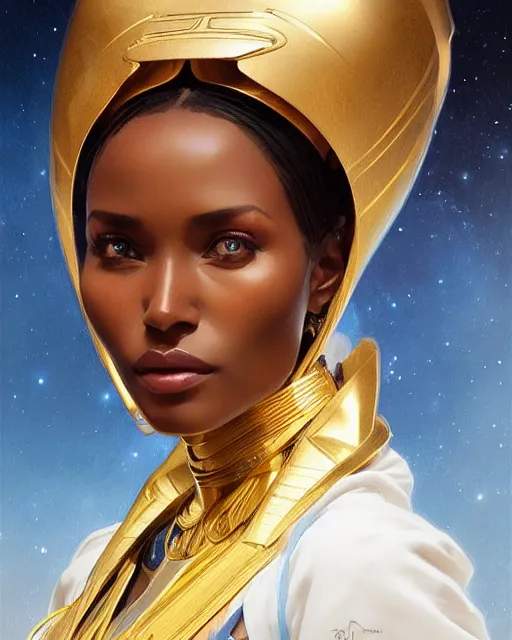 Image similar to Portrait of very very very very very very beautiful ethiopian woman, spacesuit, blue eyes, real life skin, intricate, elegant, highly detailed, artstation, concept art, smooth, sharp focus, art by artgerm and greg rutkowski and alphonse mucha