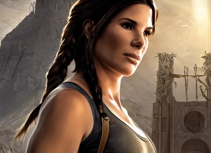 Prompt: face portrait of concentrated young Sandra Bullock as Lara Croft entering the large Minas Tirith gate, sun beams, epic, intricate, elegant, highly detailed, sharp digital painting, short focus, Boris Villejo, Julie Bell, Rowena Morrill, Patrick Jones, Keith Parkinson, Brom, Donato, Stephen Hickman, Don Maitz, Greg Hildebrandt