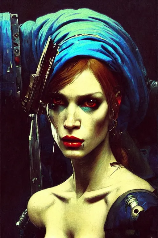 Prompt: full character portrait max mad cyberpunk warhammer 4 0 k, medic sapper not the girl with the pearl earring character design, painting by gaston bussiere, katsuya terada, wyeth, greg rutkowski, craig mullins, ( ( ( ( ( vermeer ) ) ) ) ), frank frazetta, mucha, tom of finland, trending on artstation