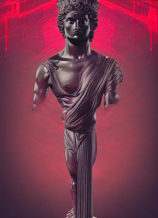 Image similar to black background!!!!!!!!!, with subtle red and purple design elements, statue of zeus, nekro, graphic design, collage art, thin lines, dark, glitch art, neo vaporwave, gritty, layout frame, square, trending on artstation