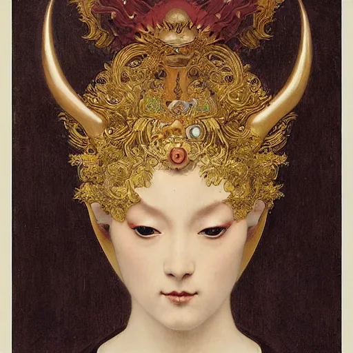 Image similar to front symmetric face of demon marble statue in japanese costume, victorian head dress, by jan van eyck, tom bagshaw, jean delville, william bouguereau, albrecht durer, symbolist painting, mysterious mood