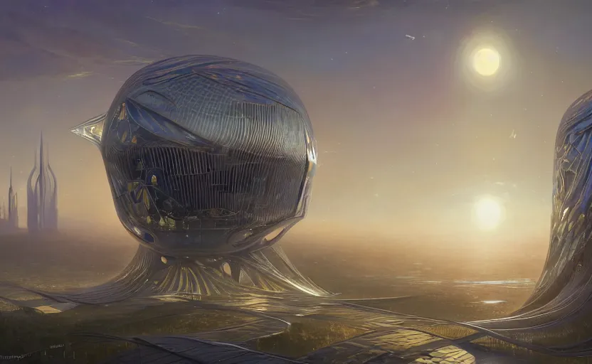 Image similar to exterior shot of utopian architecture transparent building with cinematic lighting by zaha hadid and renzo piano, darek zabrocki and greg ruthkowski, alphonse mucha, simon stalenhag, cinematic, stars, beautiful, holy place, paradise, scifi, futurism, atmospheric, concept art, artstation, trending on artstation