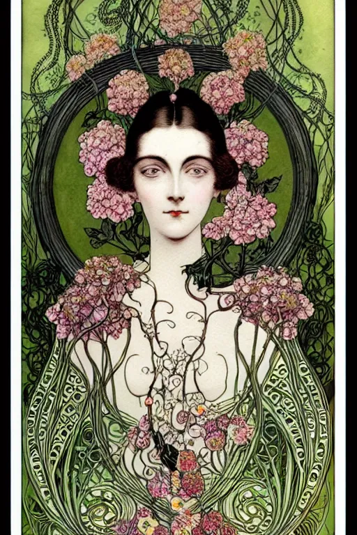 Prompt: centered detailed front view portrait of a victorian beautiful woman with ornate flowers growing around, inside a vine frame ornamentation, flowers, elegant, dark and gothic, full frame, art by kay nielsen and walter crane, illustration style, watercolor