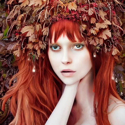 Prompt: Girl, long red hair, short bangs, in a beautiful skirt made of leaves with dewdrops on them, clothes, tiny mushrooms and forest on a dress, mushrooms decoration on the dress, on the background of a magickal forest, Designer clothes, vouge photo, fashion style, fullbody, in full growth, intricate, elegant, highly detailed, artstation, concept art, smooth, sharp focus, illustration, art by greg rutkowski and orientalism and bouguereau and Zdzislaw Beksinski, good clear quality, lighting, biology, symmetrical artwork, perfect face, 135 mm, cinematic, hyper realism, high detail, octane render, 8k, chrome accents