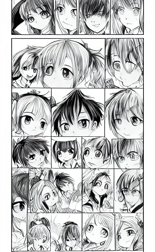 Prompt: a page of multi-panel shoujo!! ai school!! manga, black and white chibi manga!!! style, kawaii manga, japanese text kanji