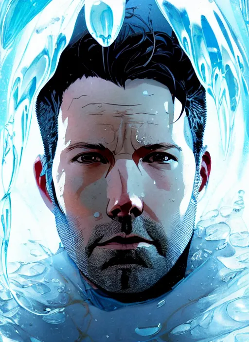 Image similar to character design by james jean, jakub rebelka, tran nguyen, yoann lossel, wadim kashin ( ( ( portrait of ben affleck as ice man from xmen ) ) ) emerging from a frozen icicle portal, sharp edges. ultra clear detailed. 8 k. ultra detailed, majestic, intricate