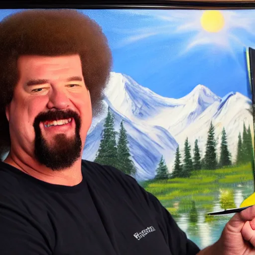 Prompt: a closeup photorealistic photograph of bob ross polishing a canvas painting of kenny powers. mountains and trees. film still. brightly lit scene. this 4 k hd image is trending on artstation, featured on behance, well - rendered, extra crisp, features intricate detail, epic composition and the style of unreal engine.