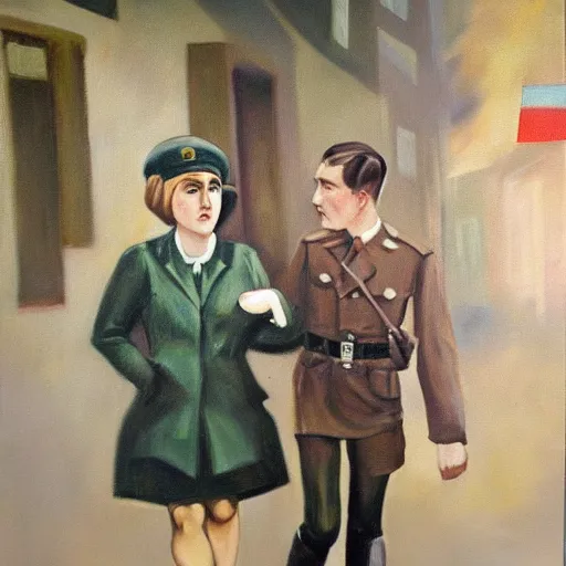 Prompt: an oil panting of a young hitler with her girlfriend, walking in berlin