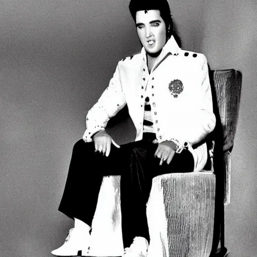 Image similar to elvis as king of the world, sitting on his throne in his castle