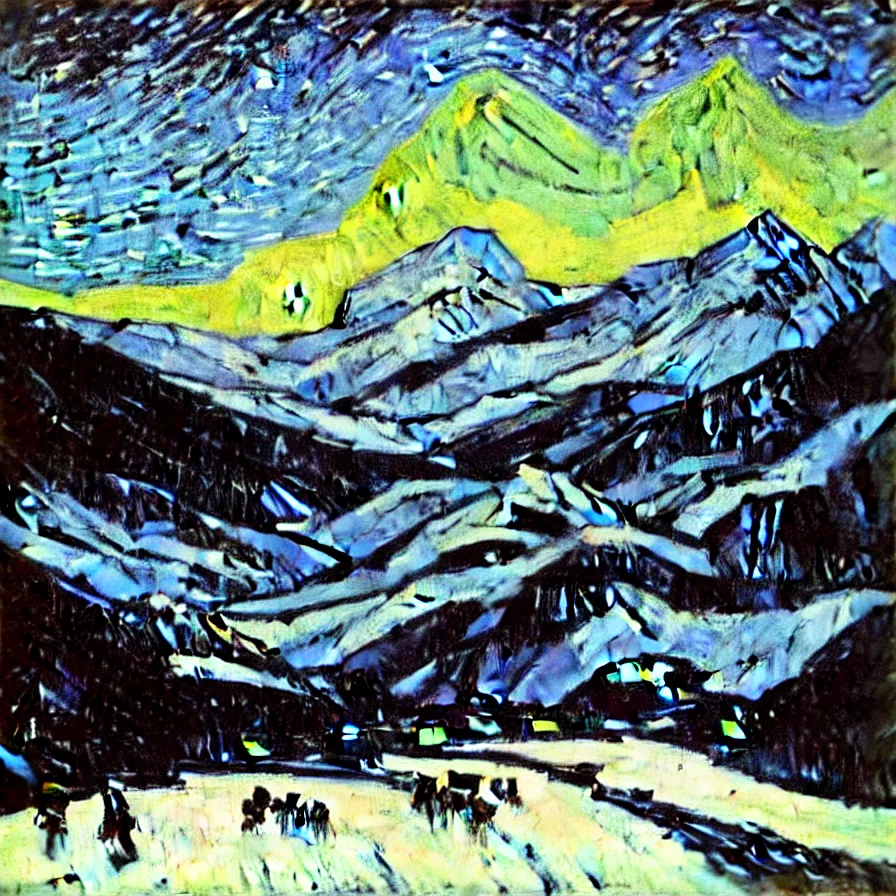 Image similar to thick impasto textured oil black and white painting of the laurentian appalachian mountains in winter by vincent van gogh, unique, original and creative landscape, snowy night, distant town lights, aurora borealis, deers and ravens, footsteps in the snow, brilliant composition