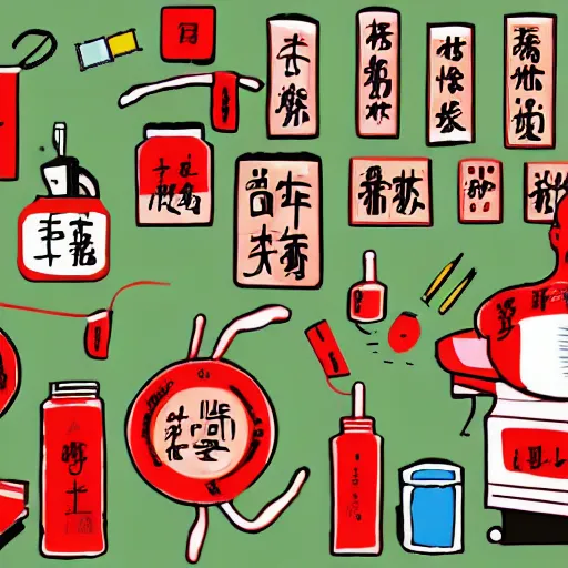 Prompt: chinese surgery operating table, in the style of daniel johnston and outsider art, 8k, line brush, minimal, overlaid with traditional chinese adverts