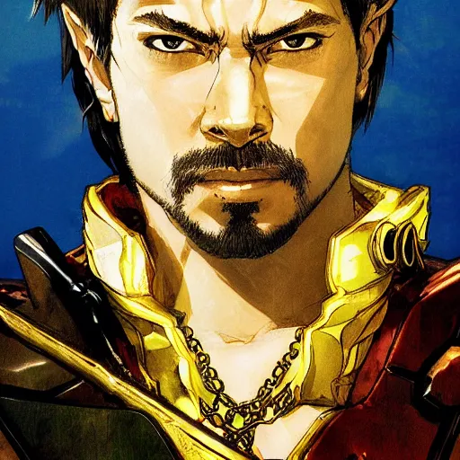 Image similar to portrait of a hero holding his sword in front of his face by yoji shinkawa, high quality, extra details, realism, ornate, colored, golden chain, blood, white skin, short hair, brown eyes, vivid, sunlight, dynamic, american man, freedom