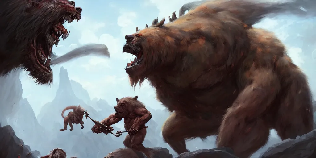 Prompt: Giant demon bear fighting a muscular gnoll. In style of Greg Rutkowski, Jesper Ejsing, Makoto Shinkai, trending on ArtStation, fantasy, great composition, concept art, highly detailed, scenery, 8K, Behance.